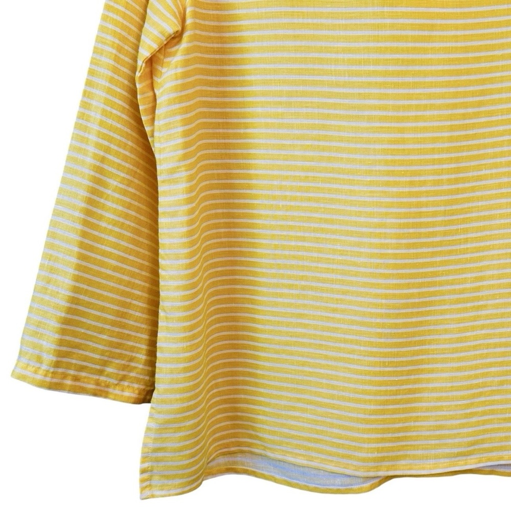Talbots M Linen Top Yellow White Stripe V Notch Embroidery Beaded Coastal Beach - Picture 11 of 13